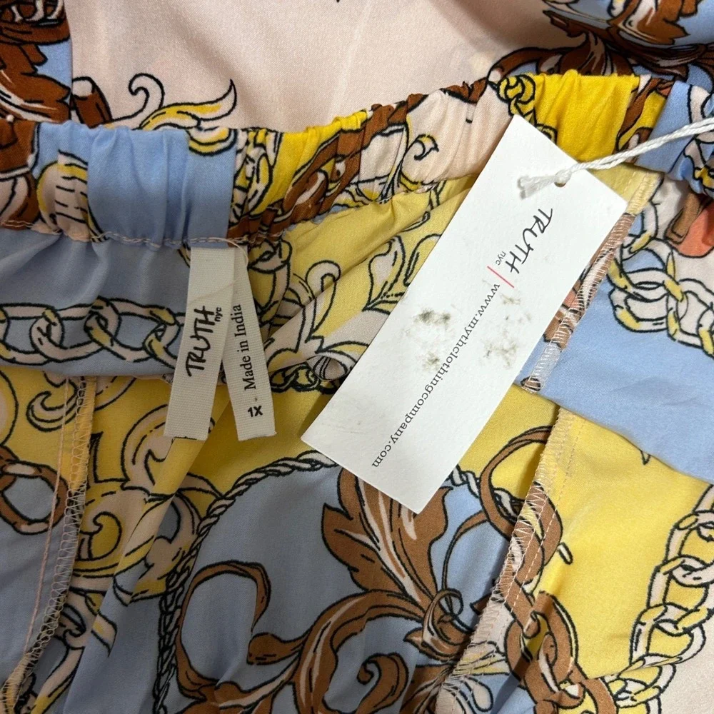 Truth‎ Womens Pants XL Blue Yellow Chain Print Wide Slit Leg Palazzo Boho Resort